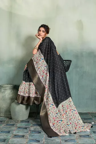 Black printed with jari border linan saree with blouse