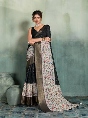 Black printed with jari border linan saree with blouse 2