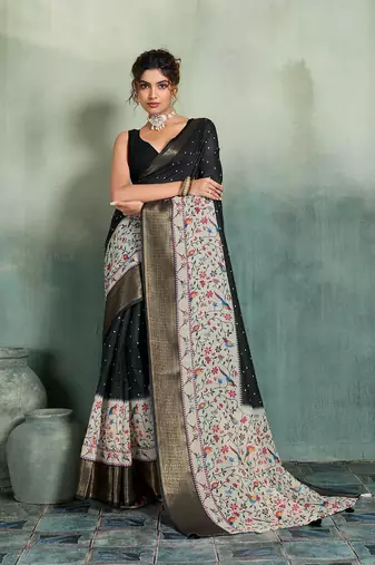 Black printed with jari border linan saree with blouse