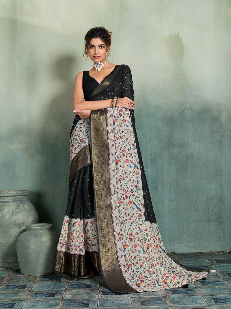 Black printed with jari border linan saree with blouse