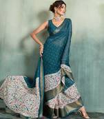 Teal blue printed with jari border linan saree with blouse