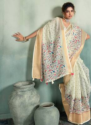 White printed with jari border linan saree with blouse 1
