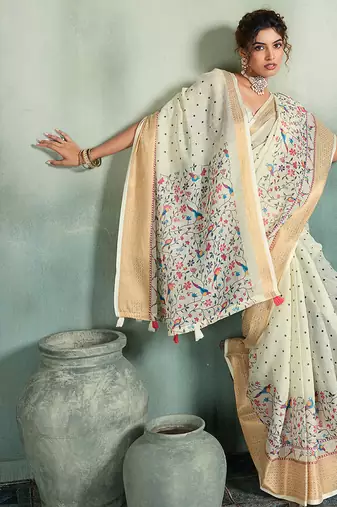 White printed with jari border linan saree with blouse