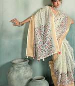White printed with jari border linan saree with blouse