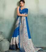 Blue printed with jari border linan saree with blouse