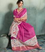 Rani pink printed with jari border linan saree with blouse