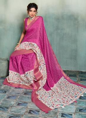 Rani pink printed with jari border linan saree with blouse 3