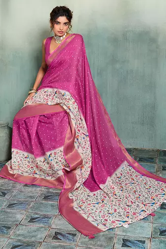 Rani pink printed with jari border linan saree with blouse