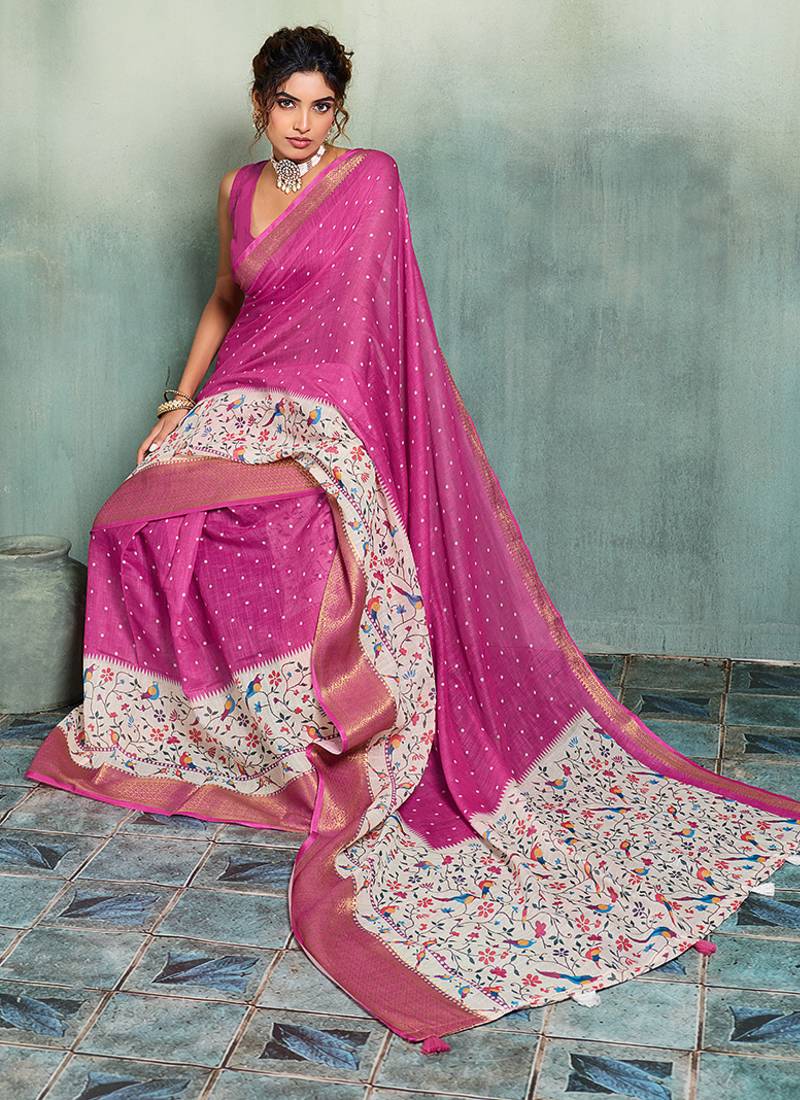 Rani pink printed with jari border linan saree with blouse