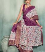 Wine printed with jari border linan saree with blouse