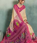 Chikoo printed with jari border linan saree with blouse