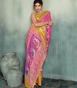 Pink printed with jari border linan saree with blouse