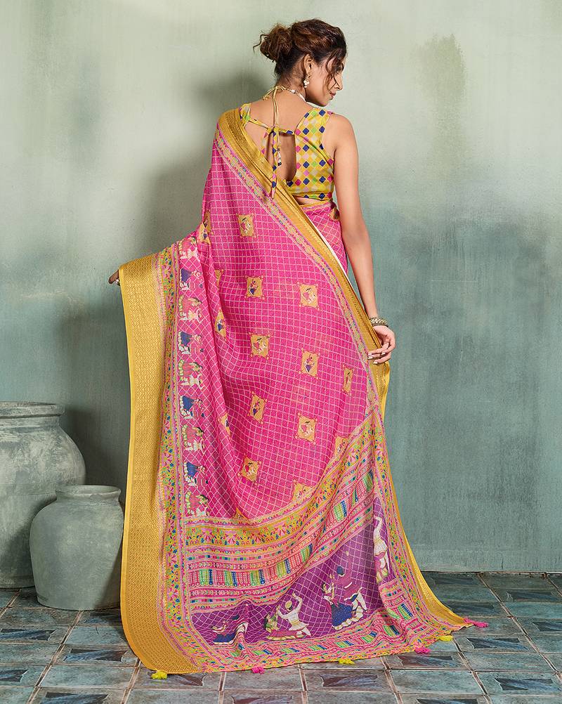 Pink printed with jari border linan saree with blouse