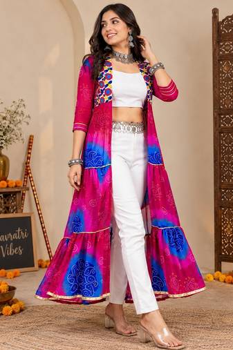 Pink color printed long shrug for navratri - Full stitched free size