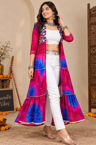 Pink color printed long shrug for navratri - Full stitched free size