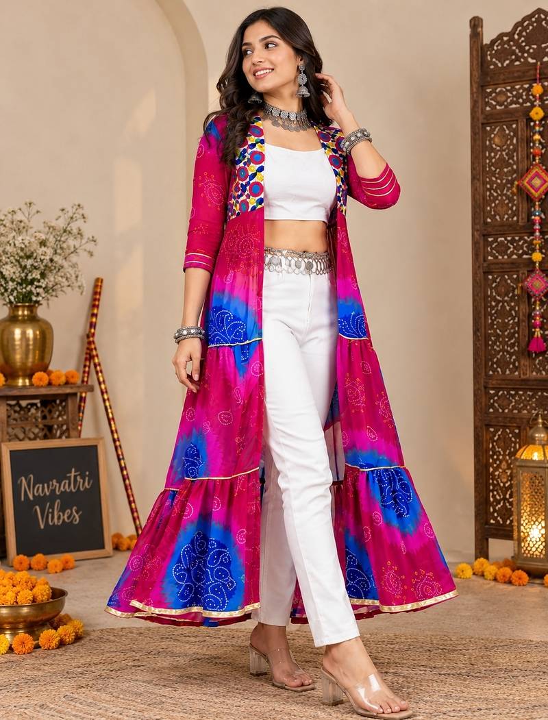 Pink color printed long shrug for navratri - Full stitched free size