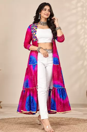 Pink color printed long shrug for navratri - Full stitched free size