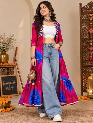 Pink color printed long shrug for navratri - Full stitched free size 3