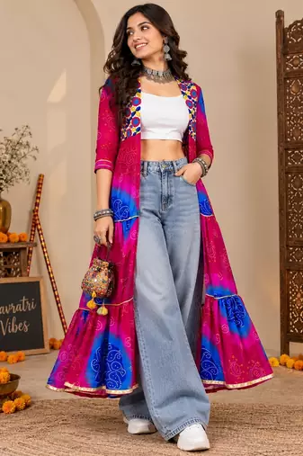 Pink color printed long shrug for navratri - Full stitched free size