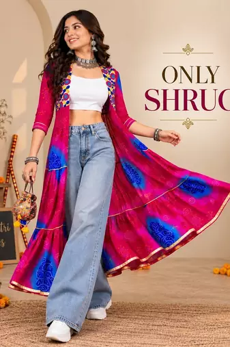 Pink color printed long shrug for navratri - Full stitched free size