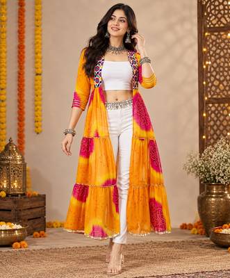 Mustard color printed long shrug for navratri - Full stitched free size 1