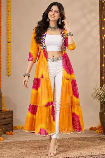 Mustard color printed long shrug for navratri - Full stitched free size