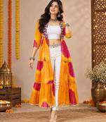 Mustard color printed long shrug for navratri - Full stitched free size