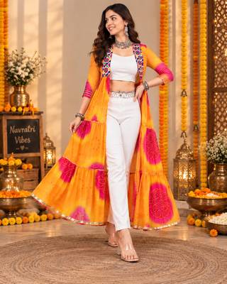 Mustard color printed long shrug for navratri - Full stitched free size 2