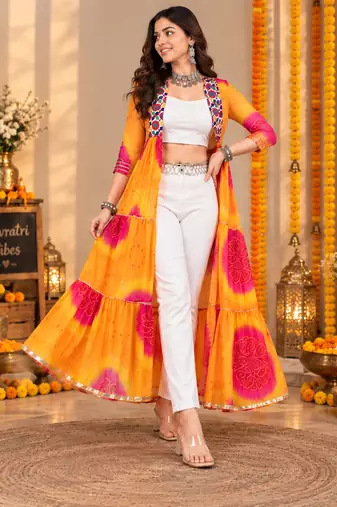 Mustard color printed long shrug for navratri - Full stitched free size