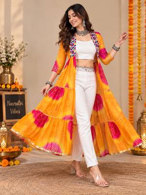Mustard color printed long shrug for navratri - Full stitched free size 3