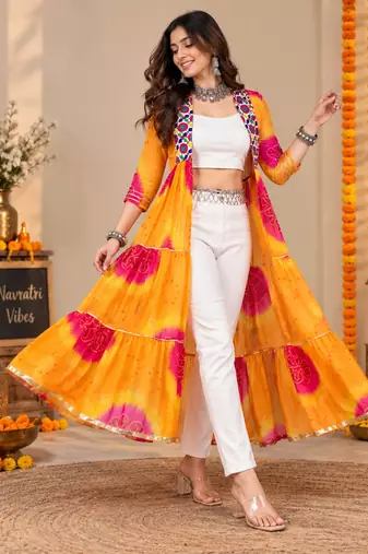 Mustard color printed long shrug for navratri - Full stitched free size