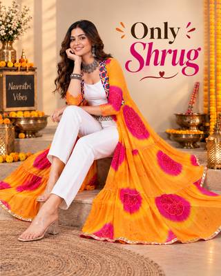 Mustard color printed long shrug for navratri - Full stitched free size 4