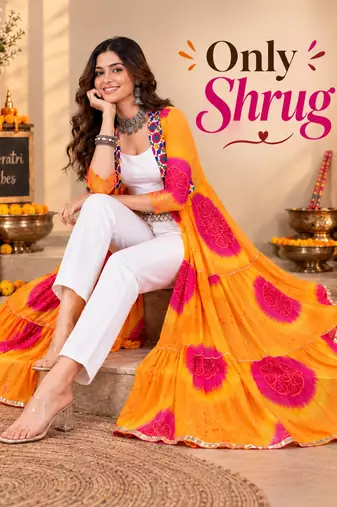 Mustard color printed long shrug for navratri - Full stitched free size