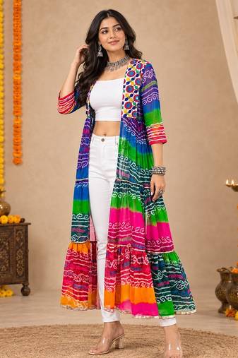 Multicolor color printed long shrug for navratri - Full stitched free size