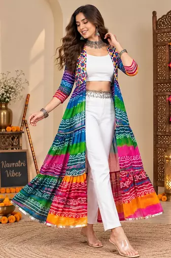Multicolor color printed long shrug for navratri - Full stitched free size