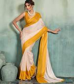 Yellow printed cotton silk saree with blouse