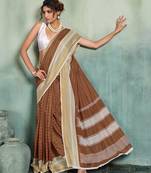 Brown printed cotton silk saree with blouse