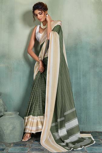 Mehendi printed cotton silk saree with blouse