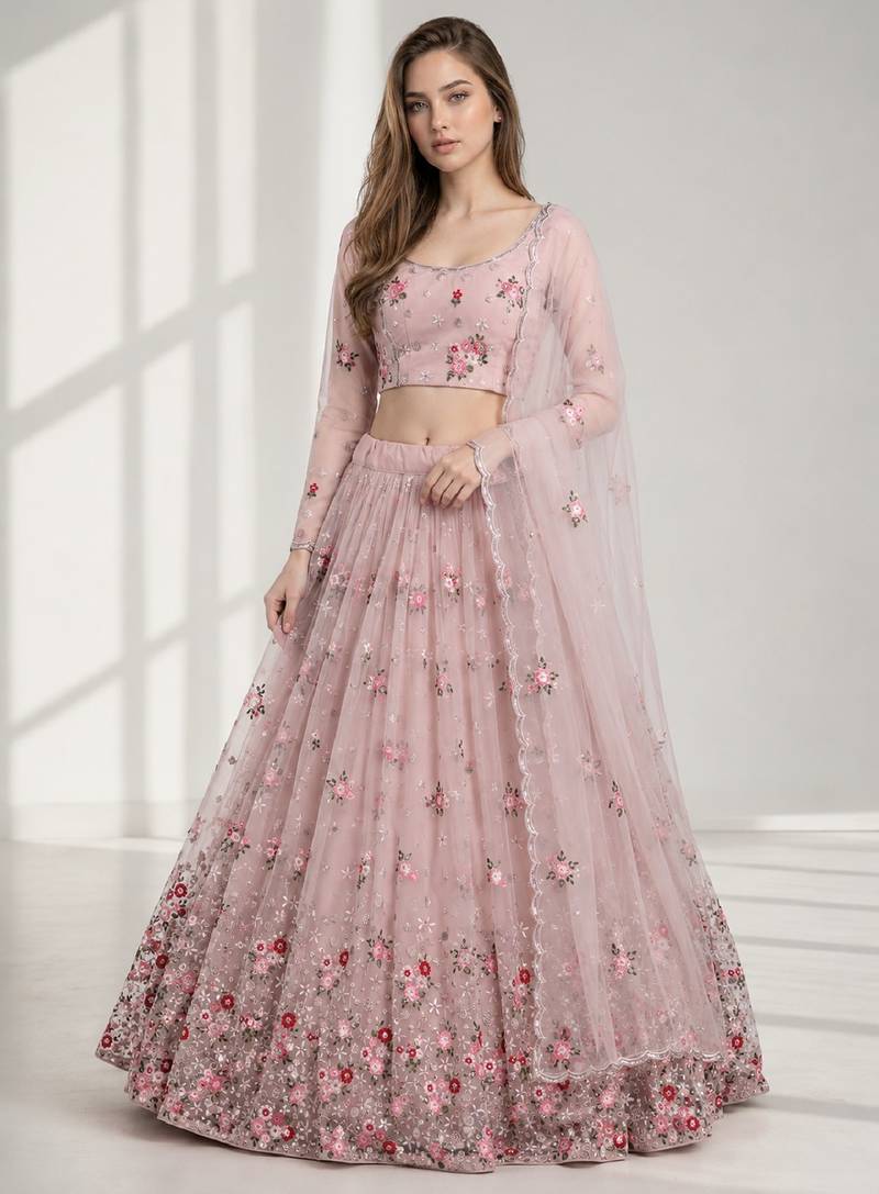 DUSTY SEQUINS & EMBROIDERED NET FESTIVAL LEHENGA CHOLI SET FOR WOMEN'S