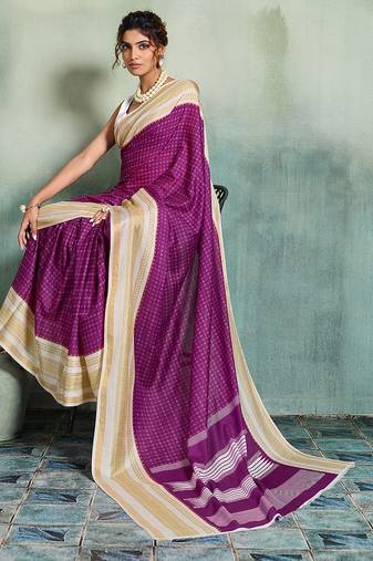Wine printed cotton silk saree with blouse