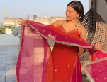 Women’s Flared Lehenga Set With Orange Embroidered Top & Dupatta