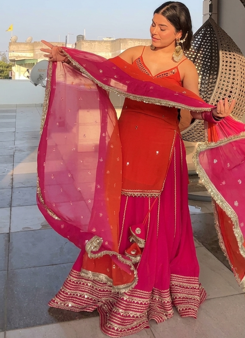 Women’s Flared Lehenga Set With Orange Embroidered Top & Dupatta