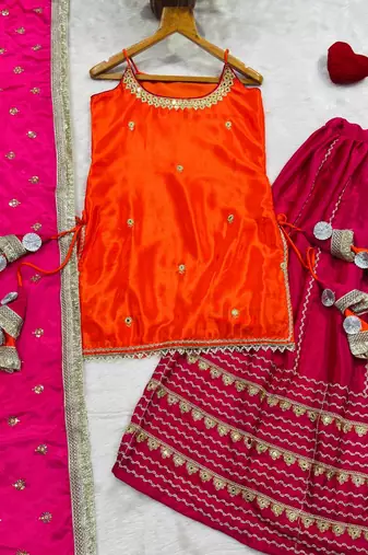 Women   s Flared Lehenga Set With Orange Embroidered Top & Dupatta