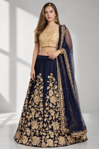 NAVY BLUE SEQUINS & EMBROIDERED VELVET FESTIVAL LEHENGA CHOLI SET FOR WOMEN'S