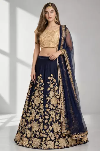 NAVY BLUE SEQUINS & EMBROIDERED VELVET FESTIVAL LEHENGA CHOLI SET FOR WOMEN'S