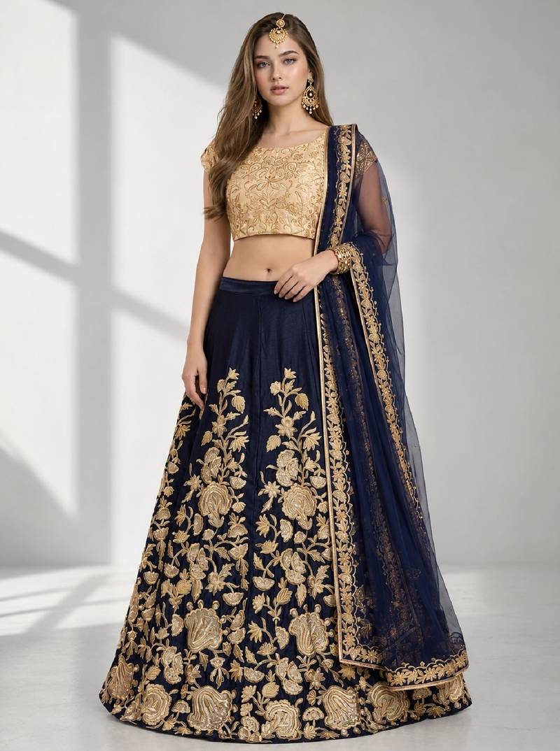 NAVY BLUE SEQUINS & EMBROIDERED VELVET FESTIVAL LEHENGA CHOLI SET FOR WOMEN'S