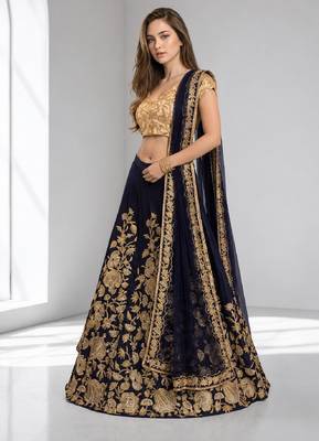 NAVY BLUE SEQUINS & EMBROIDERED VELVET FESTIVAL LEHENGA CHOLI SET FOR WOMEN'S 3