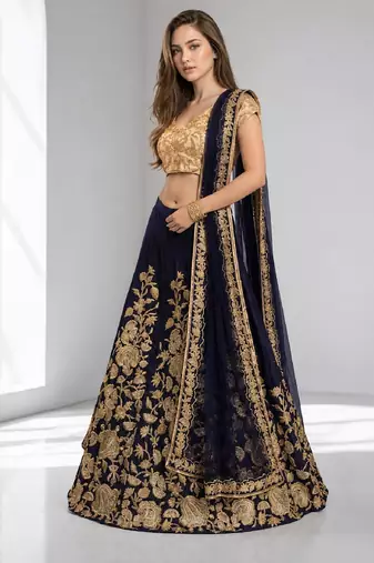 NAVY BLUE SEQUINS & EMBROIDERED VELVET FESTIVAL LEHENGA CHOLI SET FOR WOMEN'S