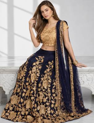 NAVY BLUE SEQUINS & EMBROIDERED VELVET FESTIVAL LEHENGA CHOLI SET FOR WOMEN'S 4