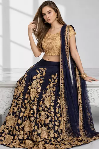 NAVY BLUE SEQUINS & EMBROIDERED VELVET FESTIVAL LEHENGA CHOLI SET FOR WOMEN'S